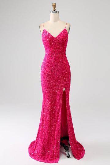 Fucsia Sirena Spalline sottili Scollo a V Paillettes vestito da ballo con Spacco